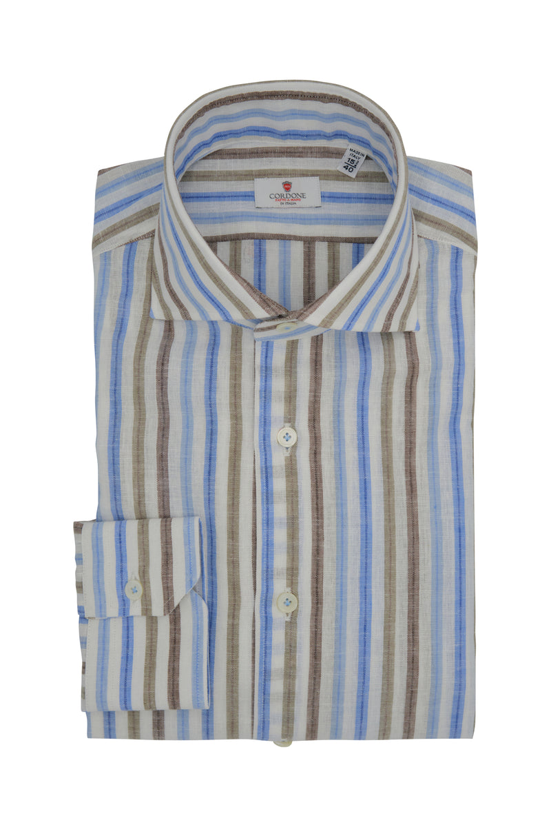 Brown and Light Blue Striped Linen Shirt