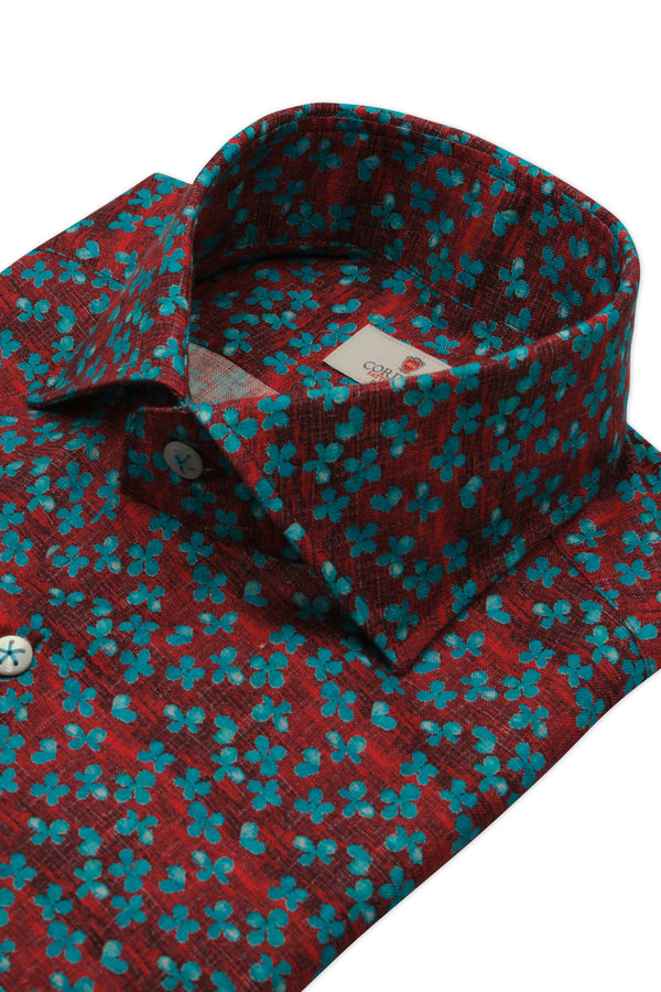 Red linen shirt with light blue flowers
