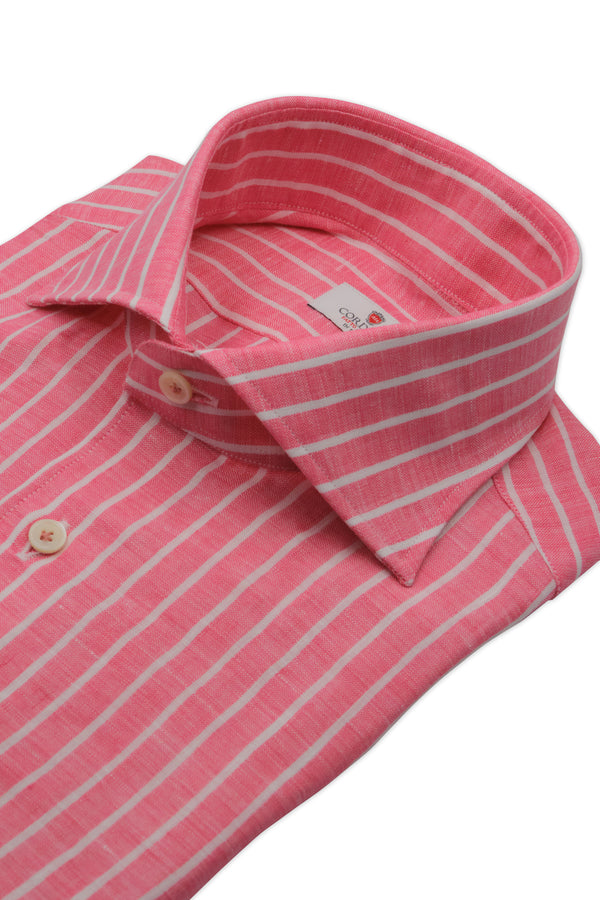 Strawberry linen shirt with narrow white stripes