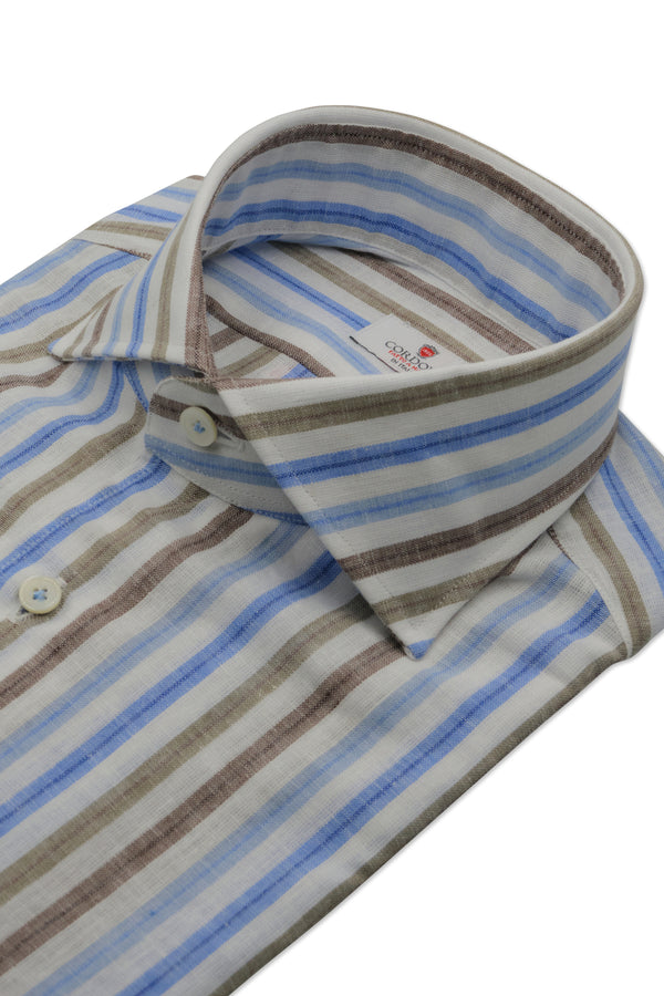 Brown and Light Blue Striped Linen Shirt