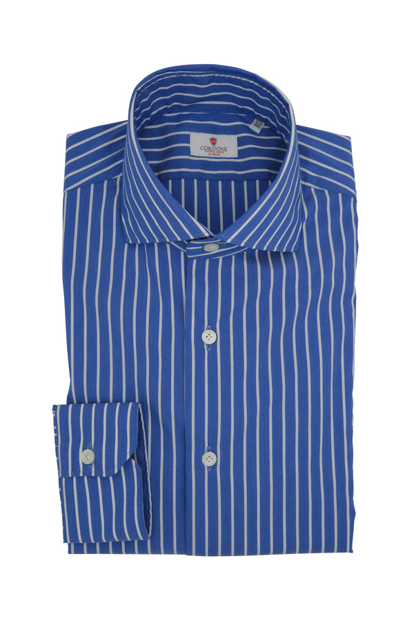 Blue shirt with narrow white stripes