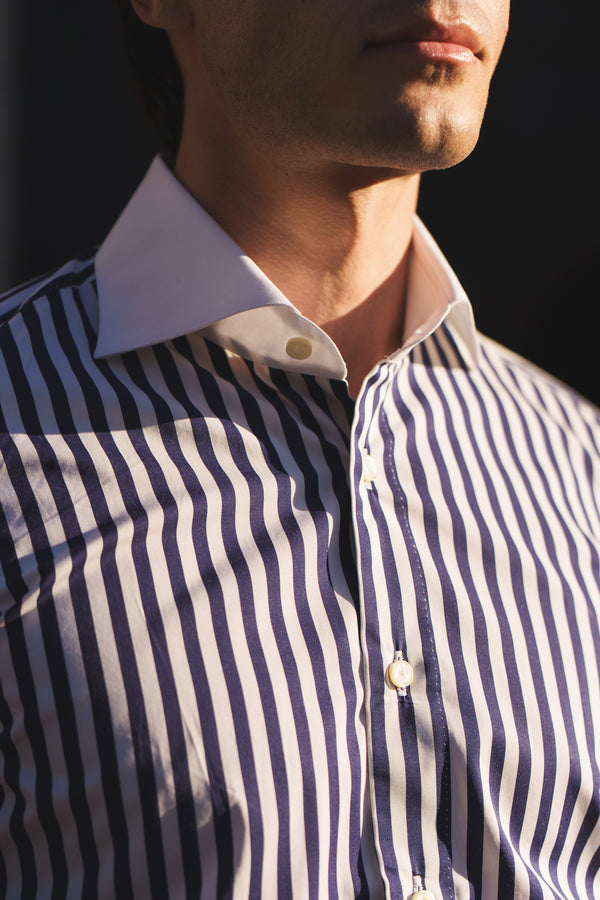 Camicia Popeline con colletto bianco a righe blu