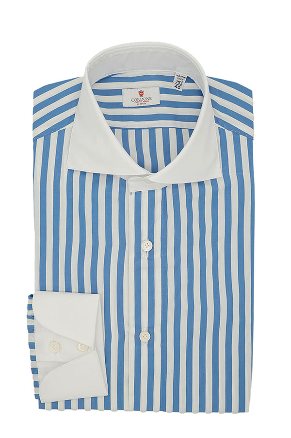 White Collar Bold Striped Azure Popeline Shirt