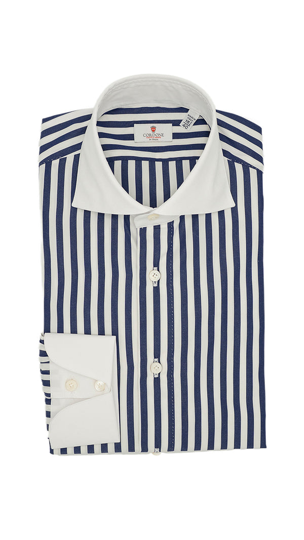 White Collar Bold Striped Blue Popeline Shirt