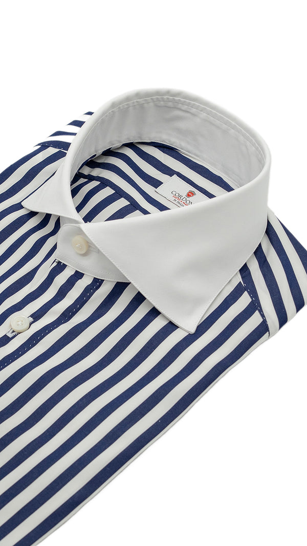 White Collar Bold Striped Blue Popeline Shirt