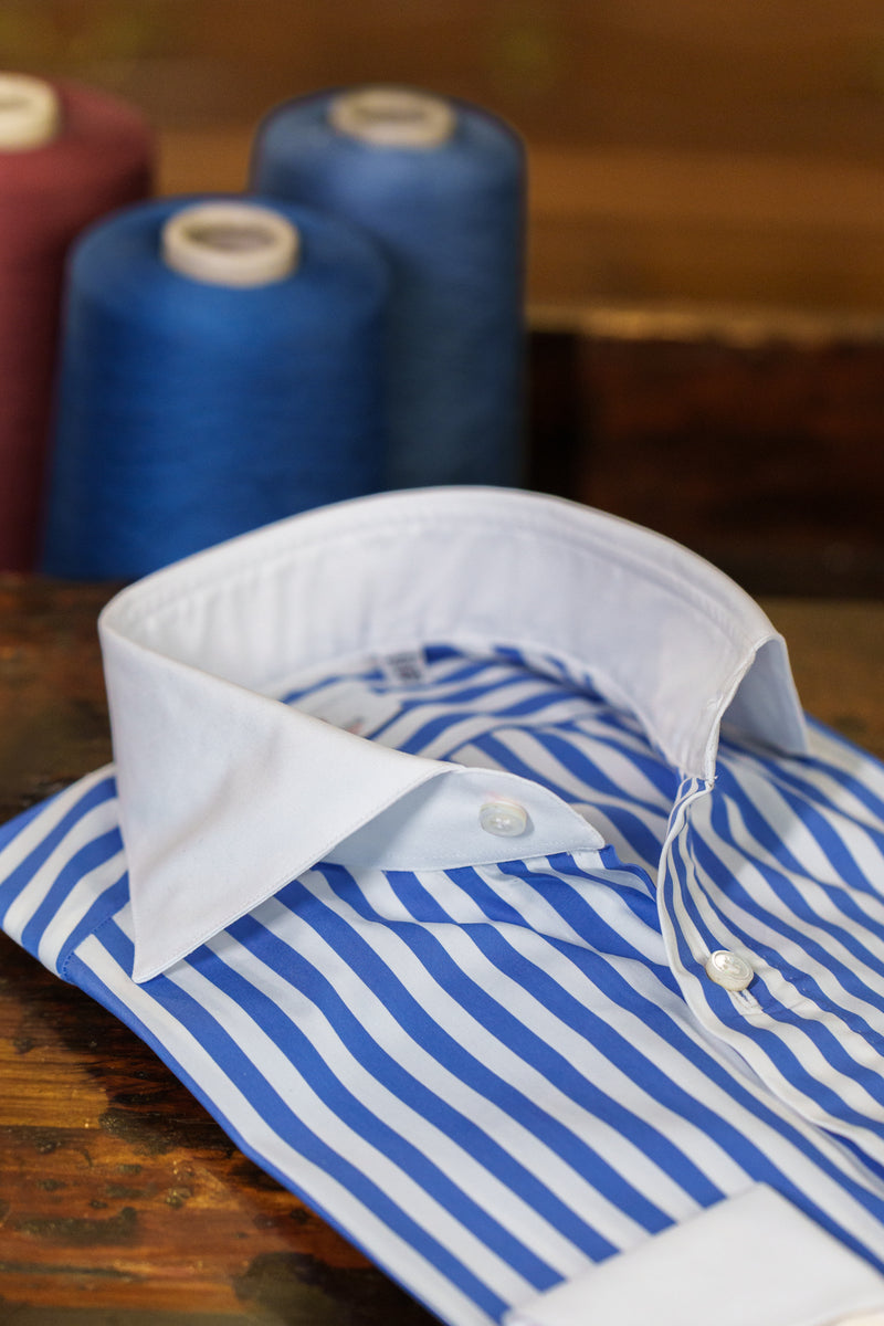 White Collar Bold Striped Azure Popeline Shirt