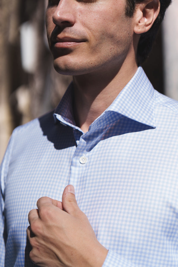 Camicia a quadri azzurra in twill Facile Stiro