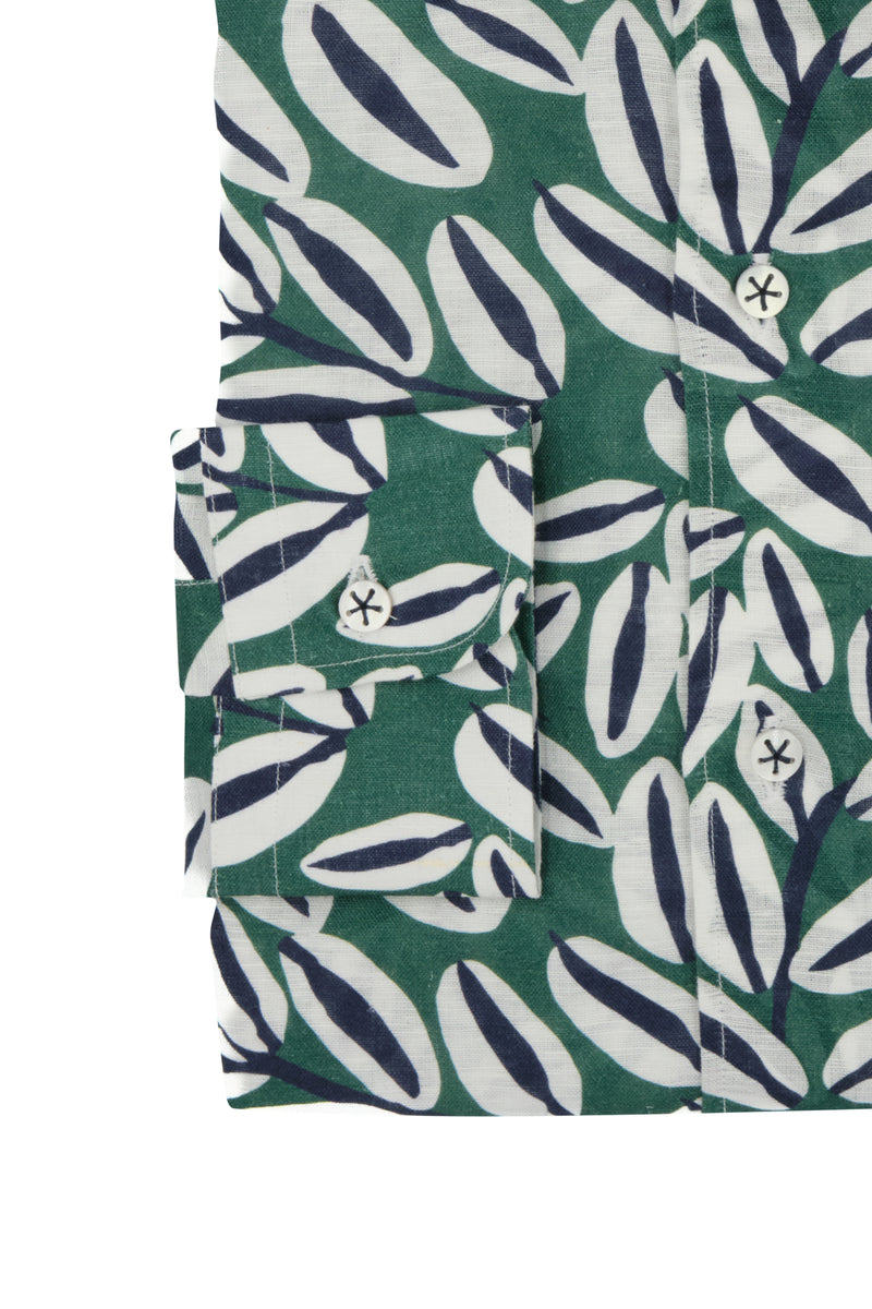 Green Palm Print Linen Blend Shirt