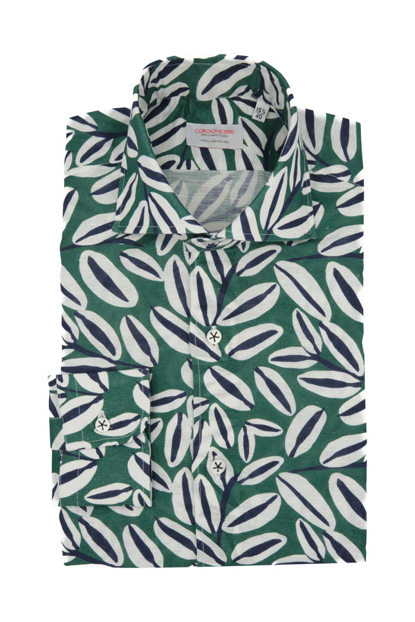 Green Palm Print Linen Blend Shirt