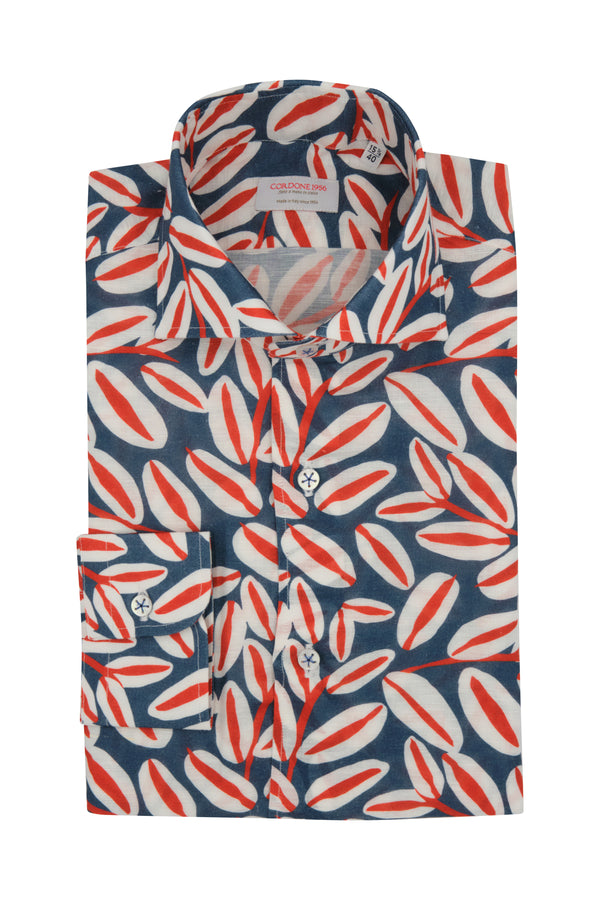 Blue Palm Print Linen Blend Shirt