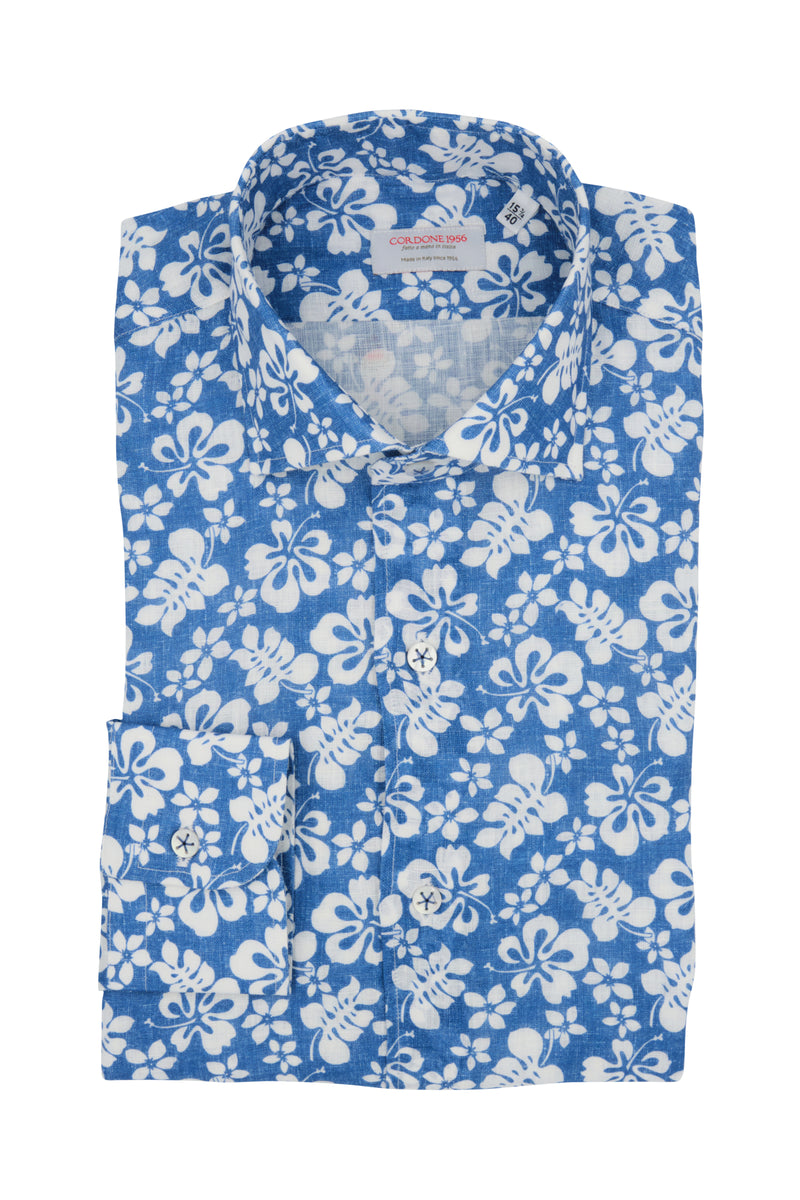 Blue Floral Print Linen Shirt