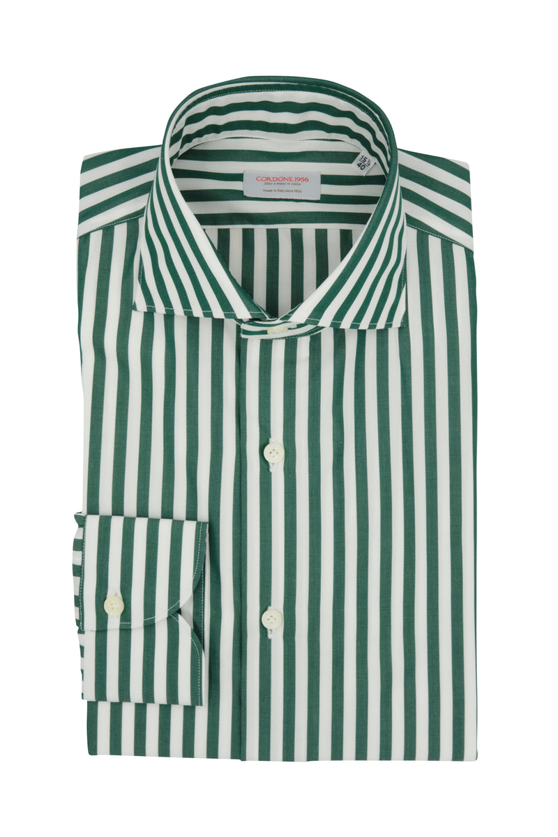 Camicia Righe Larghe Popeline Verde Scuro