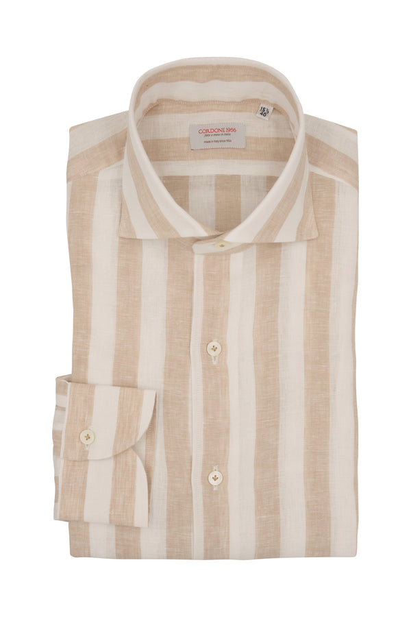 Bold Striped Linen Shirt Beige