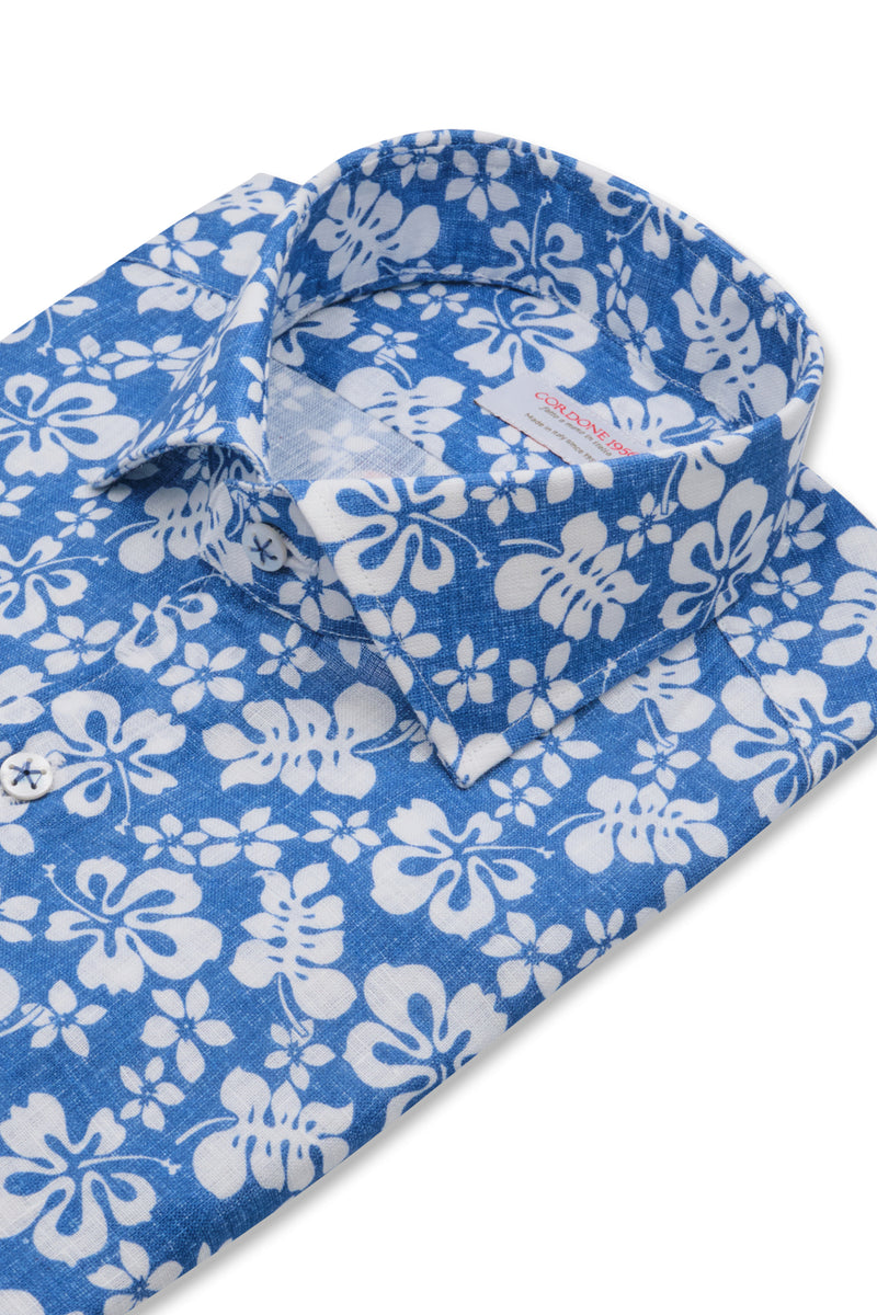 Blue Floral Print Linen Shirt