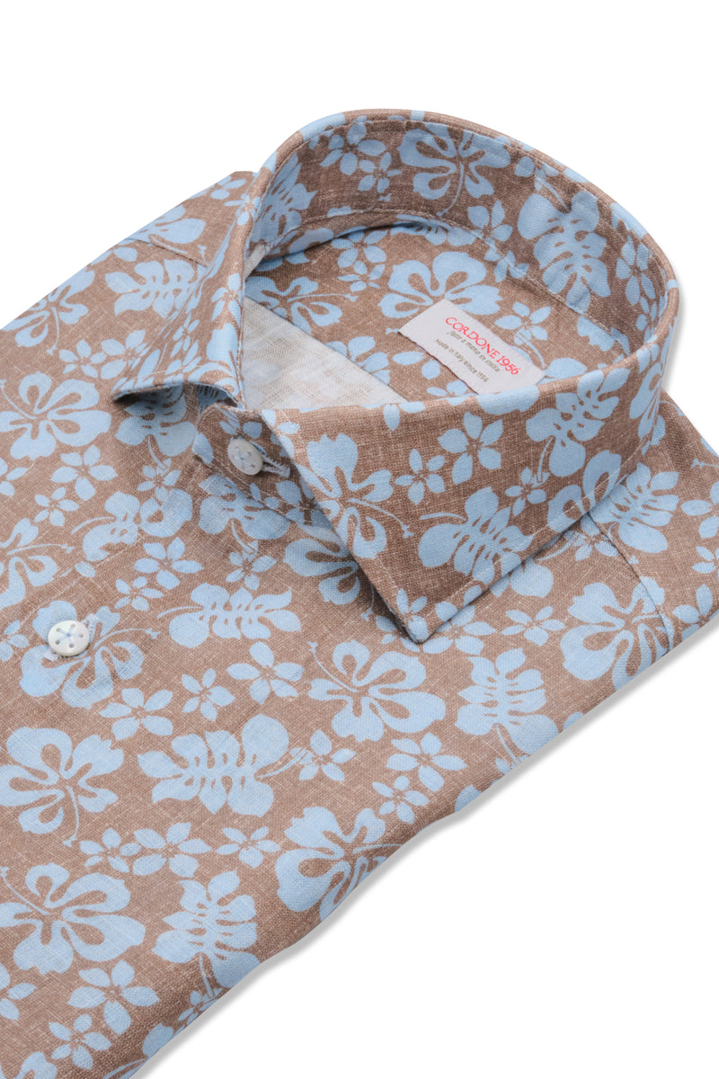 Brown Floral Print Linen Shirt