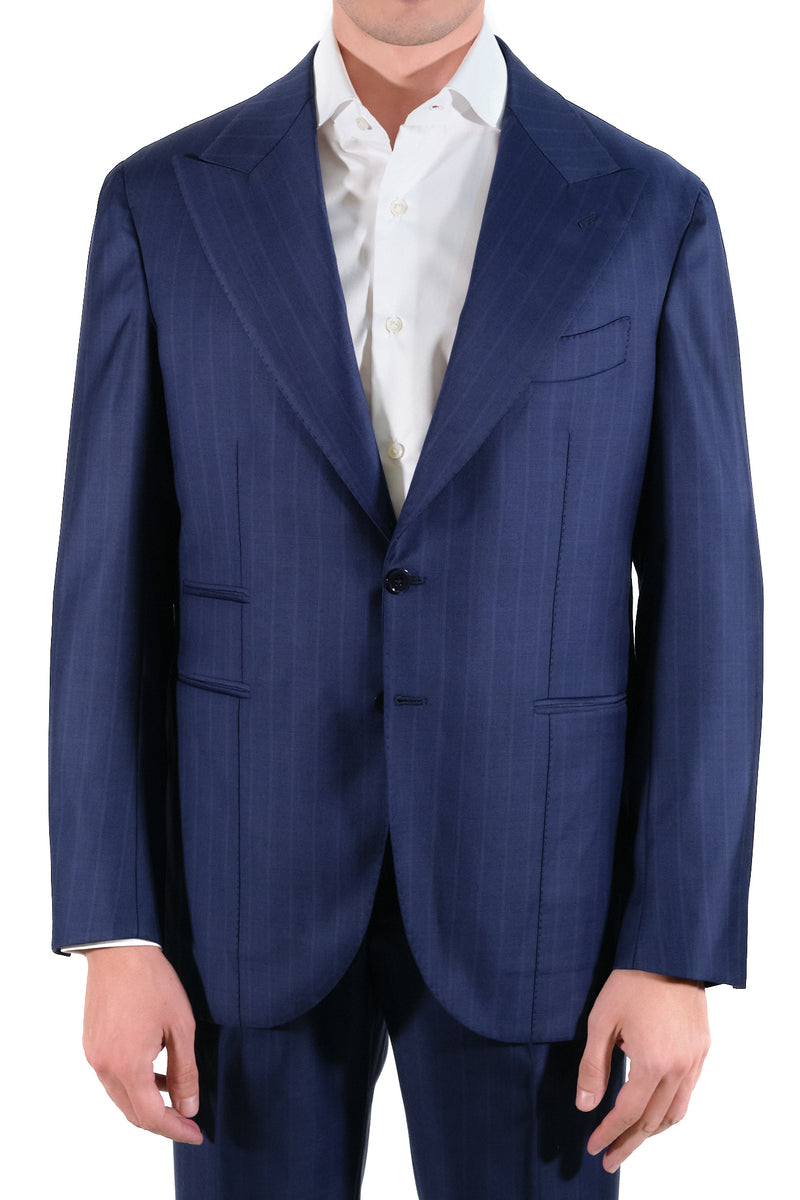 Blue pinstriped two-button suit  - Italian Cotton - Handmade in Italy