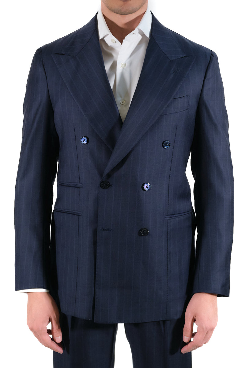 Dark Blue Bouble Breasted Pinstripe Suit - Italian Cotton - Handmade in Italy