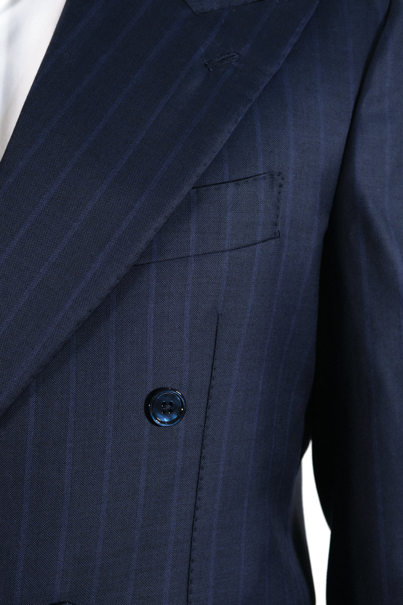 Dark Blue Bouble Breasted Pinstripe Suit - Italian Cotton - Handmade in Italy