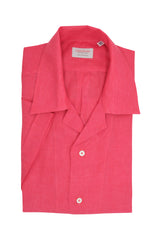 Camicia In Lino Con Collo Bowling Tinta Unita Corallo