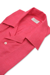 Camicia In Lino Con Collo Bowling Tinta Unita Corallo