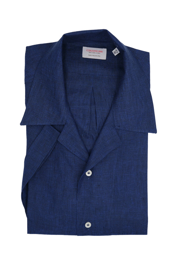 Blue Linen Bowling Collar Shirt