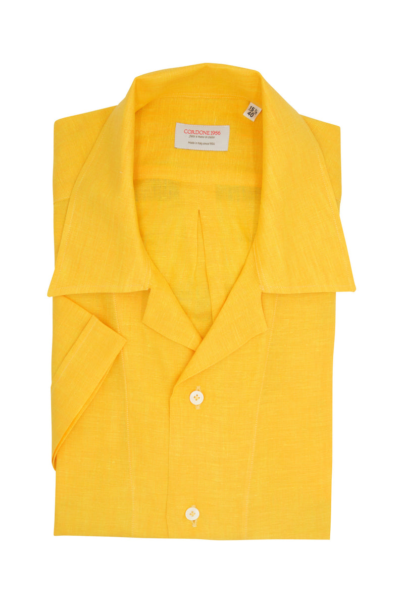 Camicia In Lino Con Collo Bowling Tinta Unita Gialla