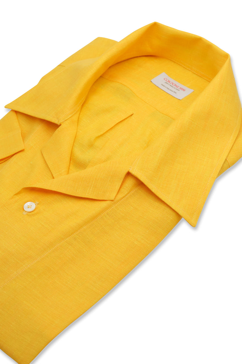 Camicia In Lino Con Collo Bowling Tinta Unita Gialla