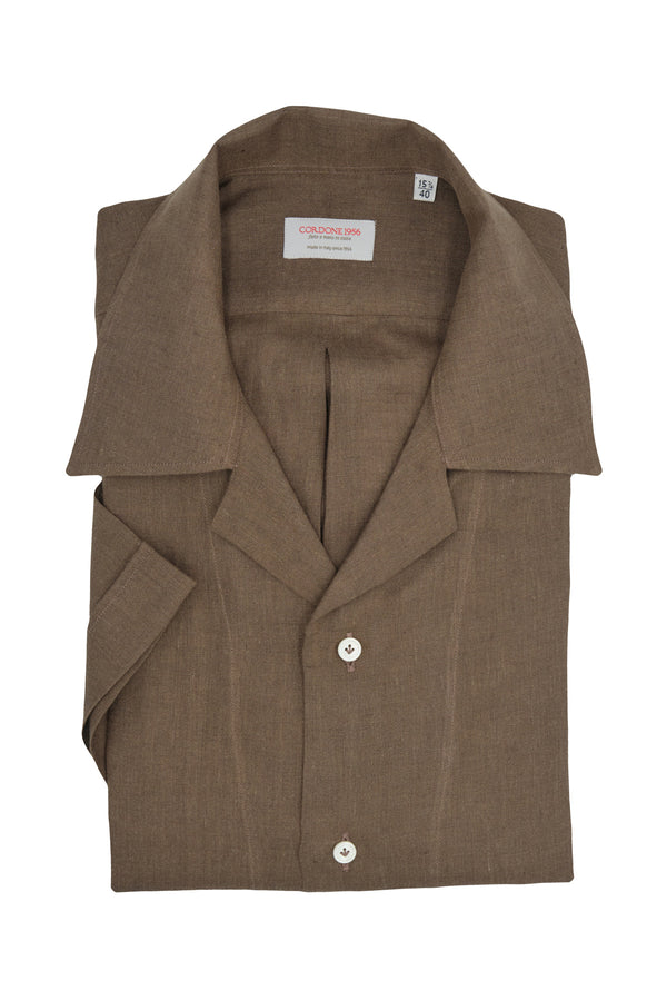 Brown Linen Bowling Collar Shirt