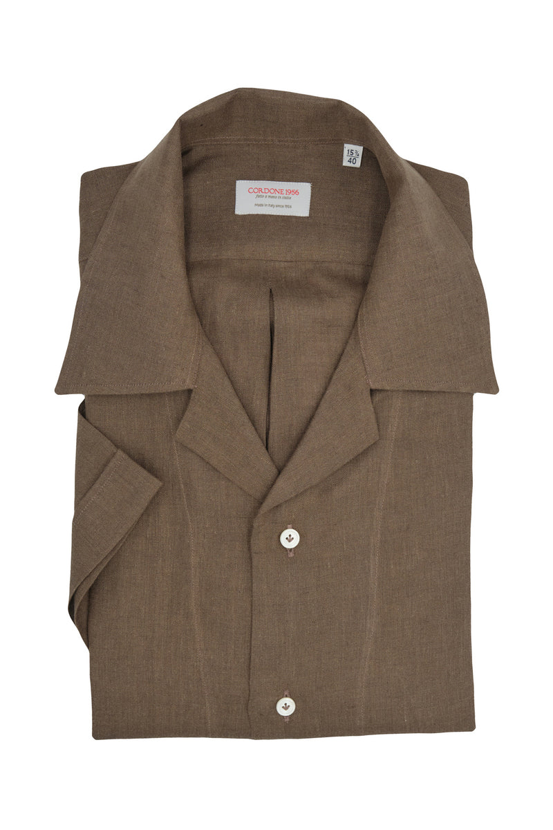 Brown Linen Bowling Collar Shirt