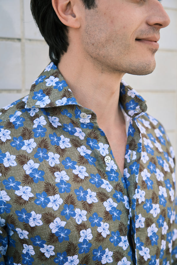 Green  Ibisco Print Linen Shirt