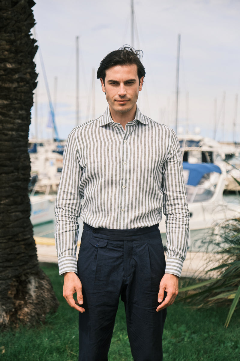 Striped Linen Shirt Military Green