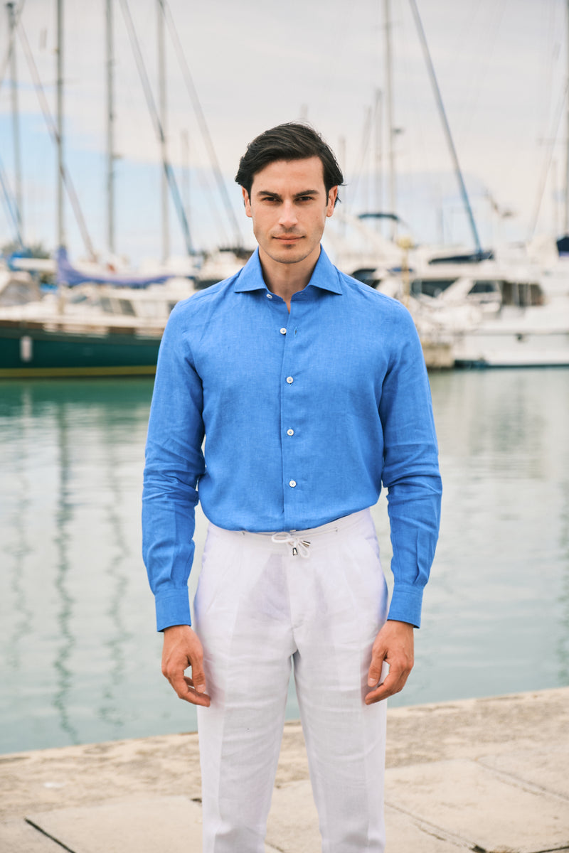 Camicia Tinta Unita Lino Azzurra