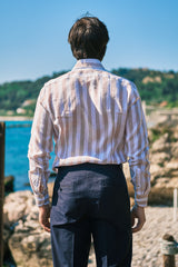 Bold Striped Linen Shirt Beige
