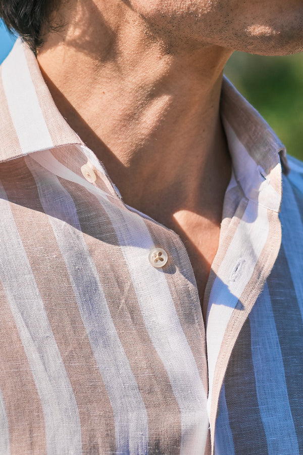 Bold Striped Linen Shirt Beige