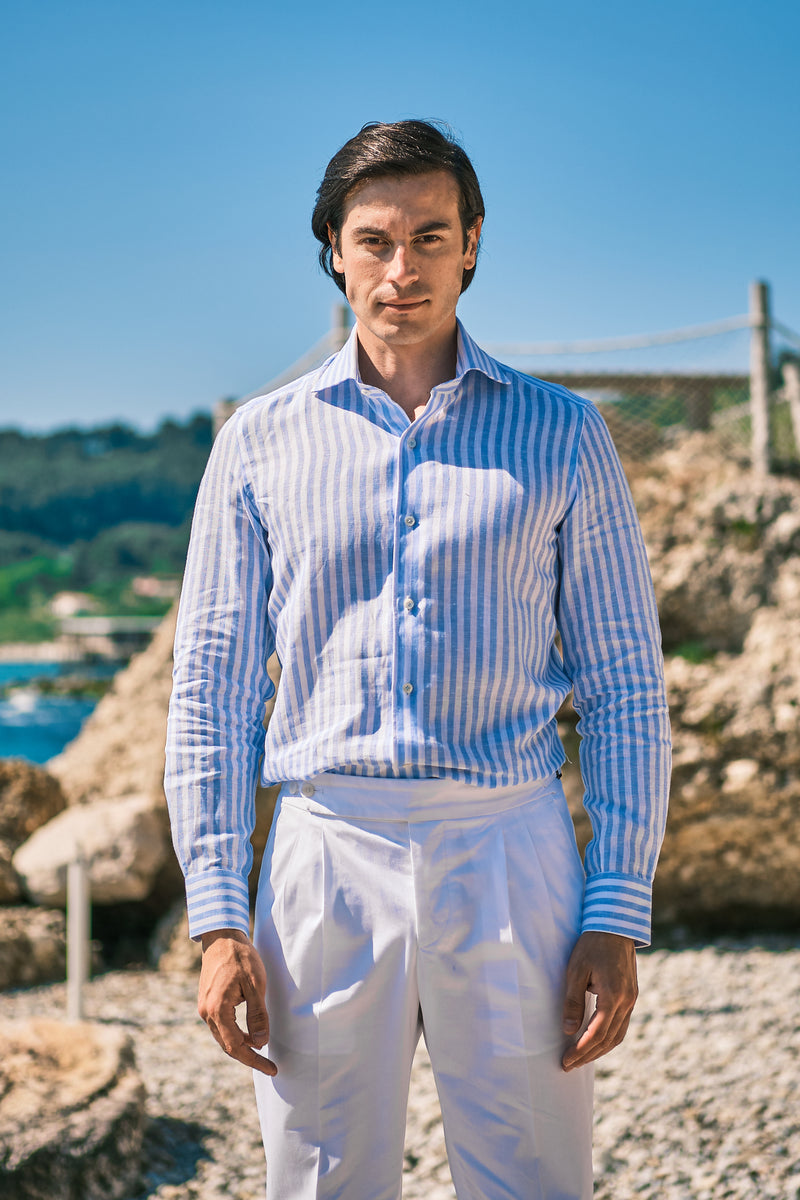 Camicia Righe Lino Blu