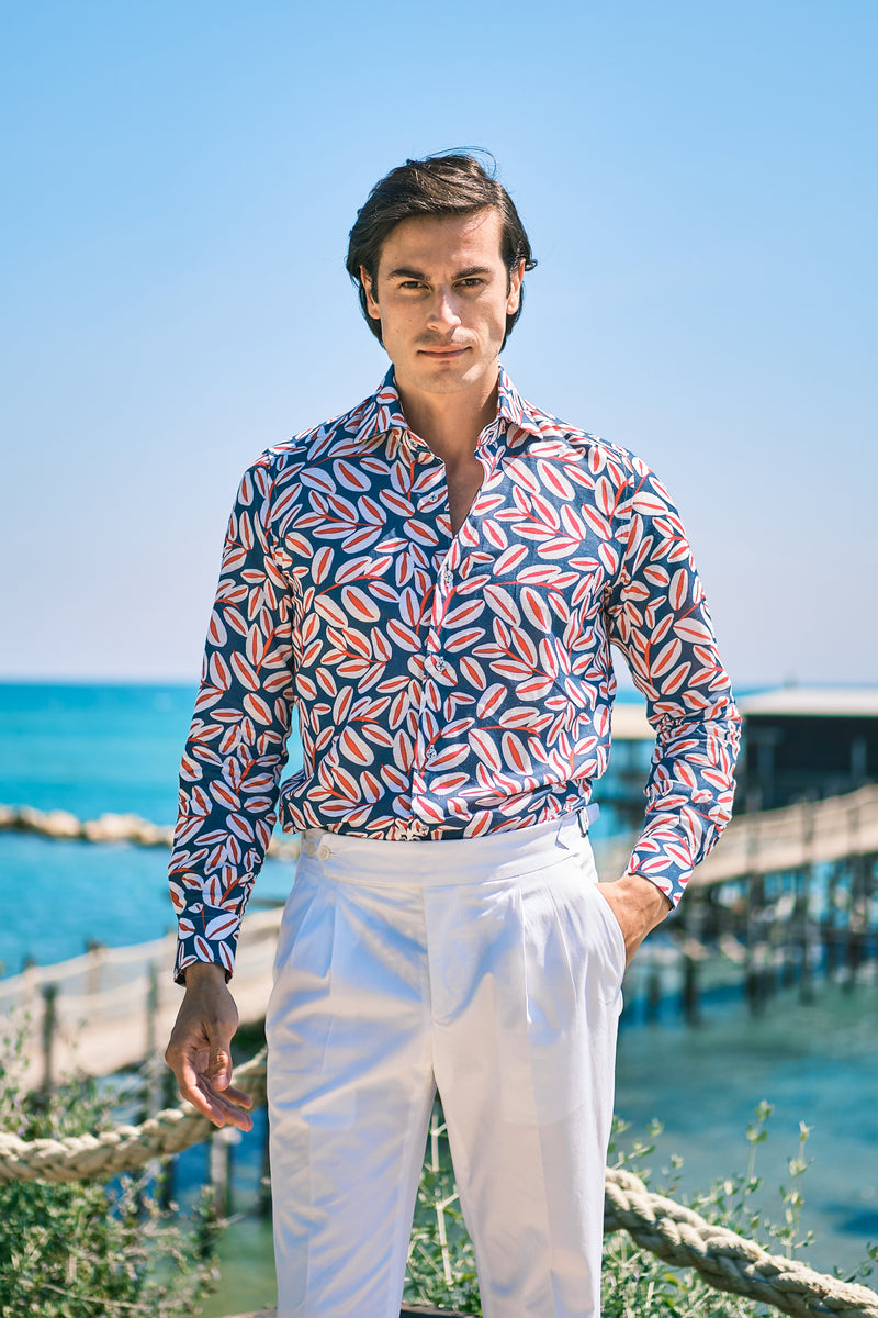 Blue Palm Print Linen Blend Shirt