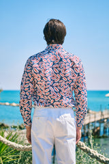 Blue Palm Print Linen Blend Shirt