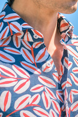 Blue Palm Print Linen Blend Shirt