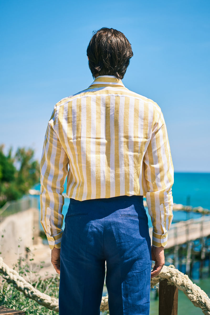 Camicia Righe Larghe Lino Gialla