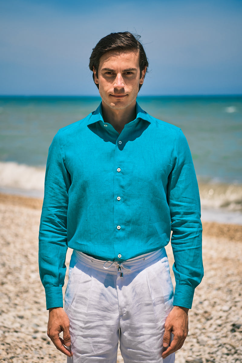 Camicia Tinta Unita Lino Verde Acqua