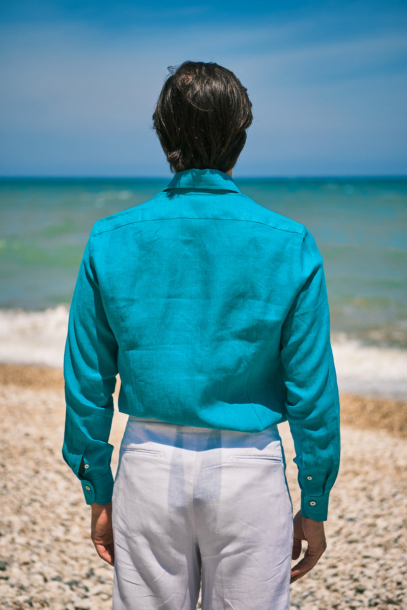Camicia Tinta Unita Lino Verde Acqua