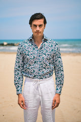 Green Palm Print Linen Blend Shirt
