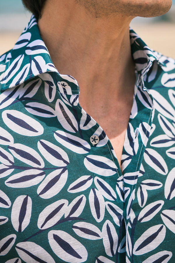 Green Palm Print Linen Blend Shirt