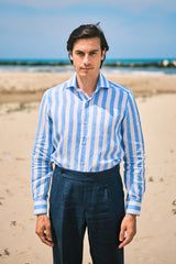 Bold Striped Linen Shirt Blue