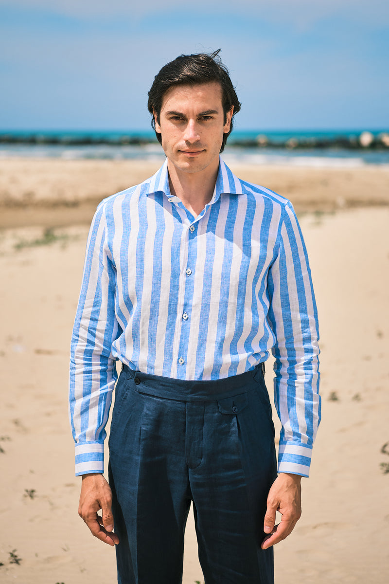 Bold Striped Linen Shirt Blue