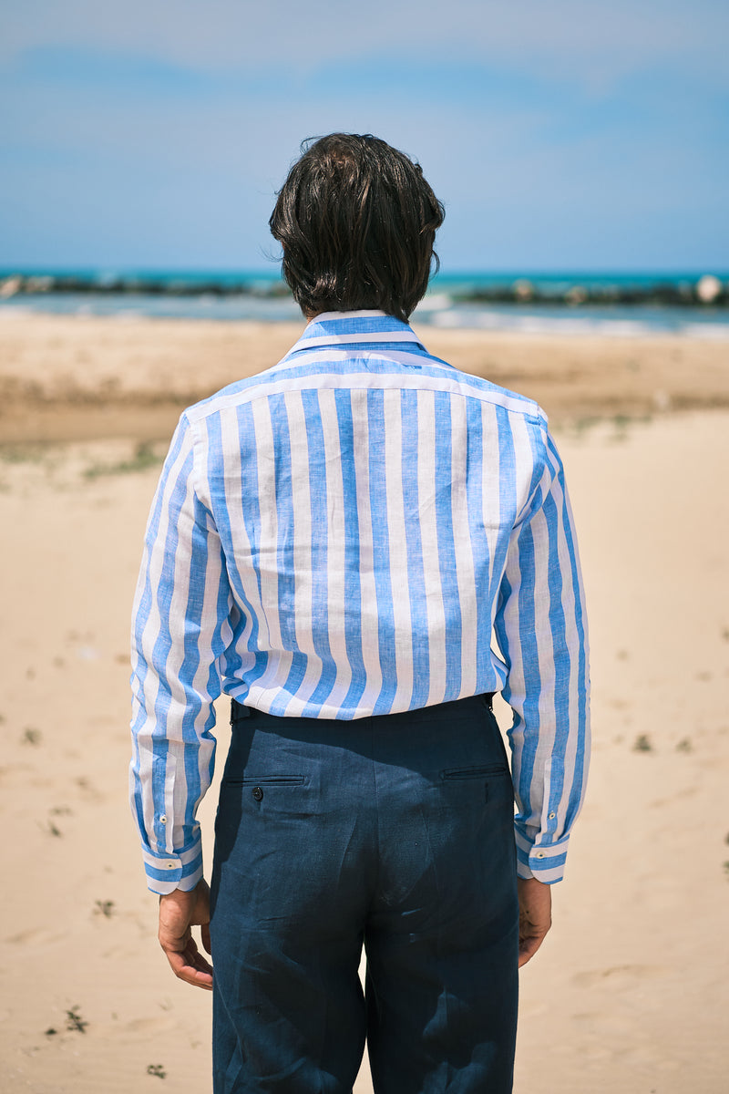 Bold Striped Linen Shirt Blue