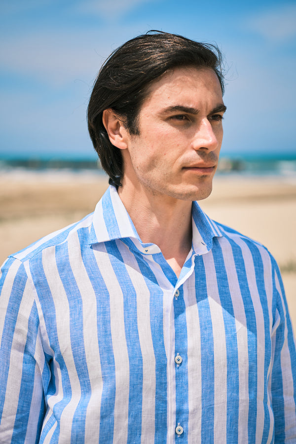 Bold Striped Linen Shirt Blue