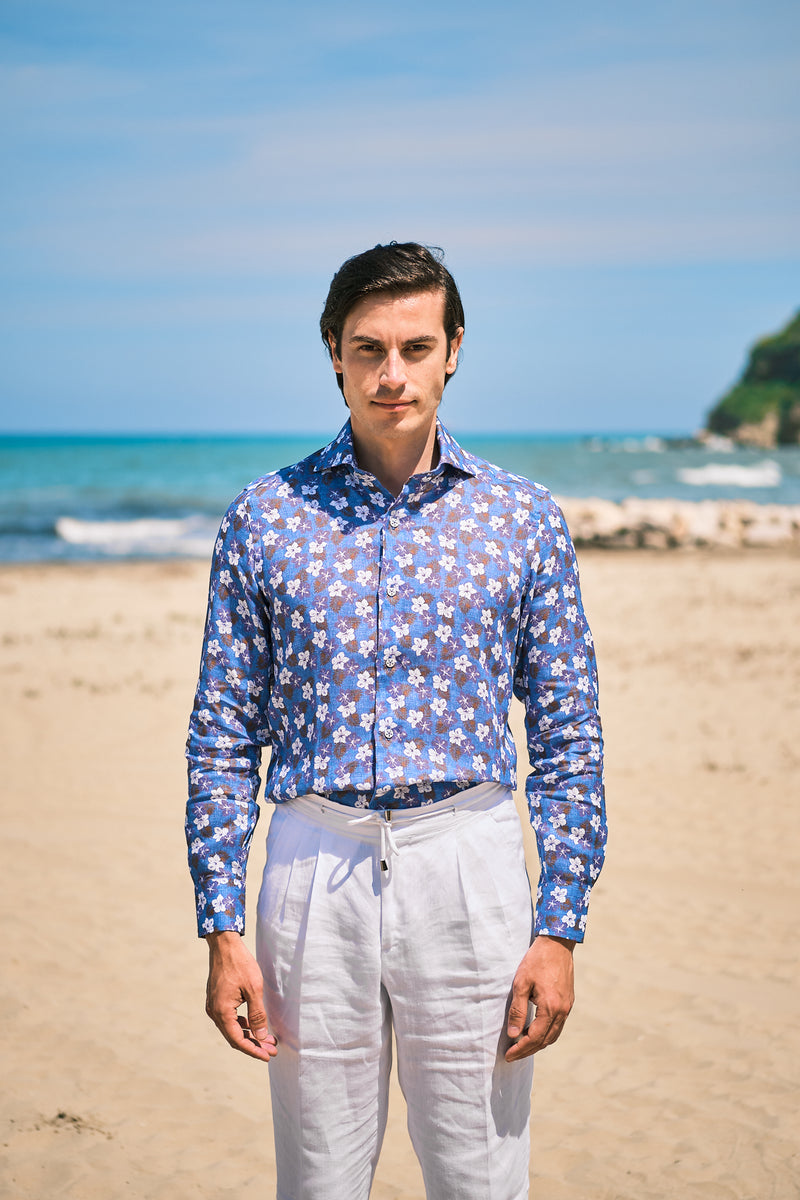 Blue Ibisco Print Linen Shirt