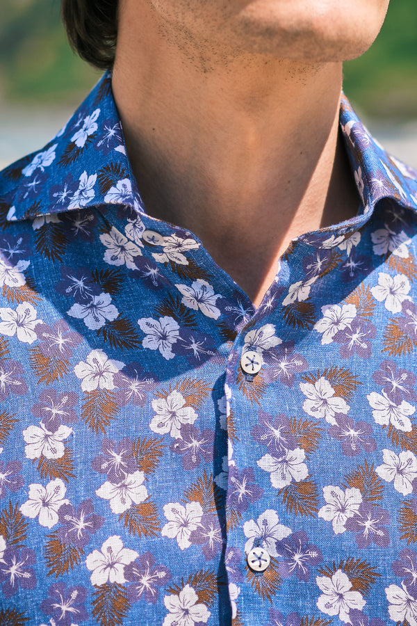 Blue Ibisco Print Linen Shirt