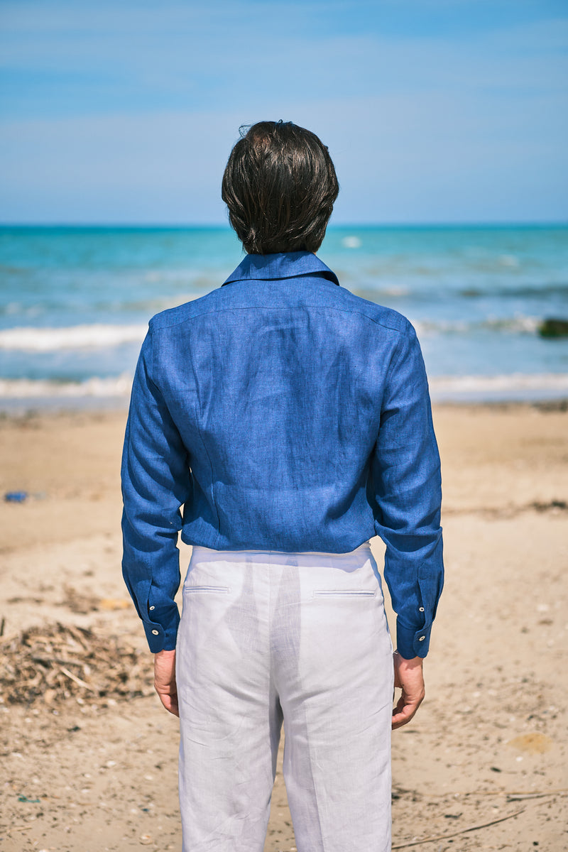 Blue Linen Capri Collar Shirt – CORDONE1956 - Main Image